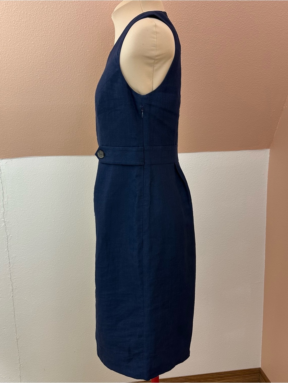 J.Crew 100% Linen Sheath Dress Womens 4 Navy Sleeveless Button Waist Knee Length - Picture 4 of 14